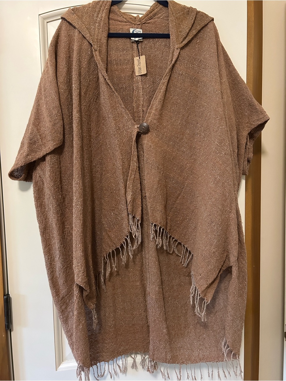Jaded Gypsy Hooded Fringe Textured Button Front Poncho Tunic in Warm Brown